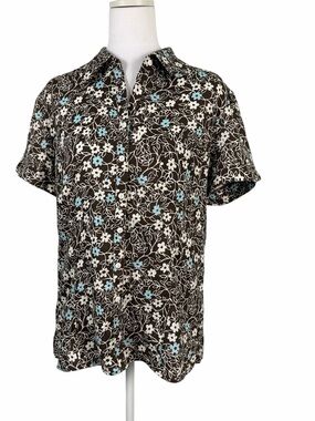 Kim Rogers Brown Linen blue& white Floral Button-Up Shirt Size M Casual chic